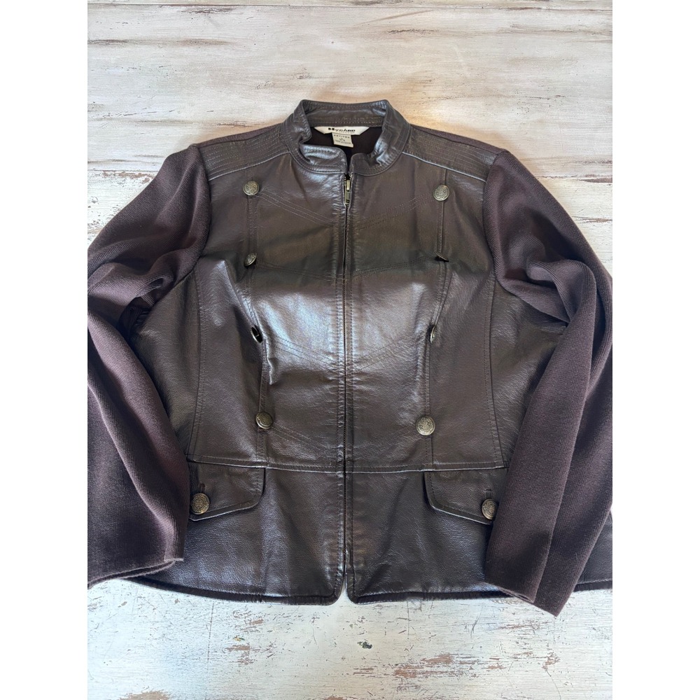 NYGÅRD Collection jacket women L brown leather knit military zip mandarin collar